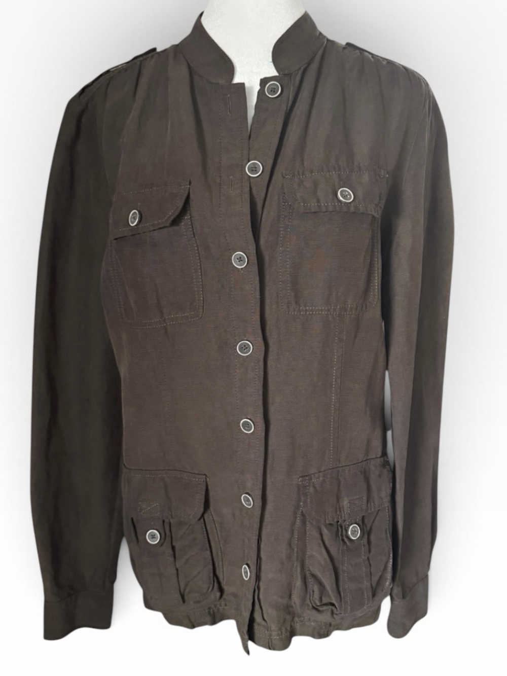 Banana Republic Military-Style Jacket Size Medium Brown Silk-Linen Blend